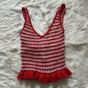 Full Tilt Red and White Knit Ruffle Hem Top